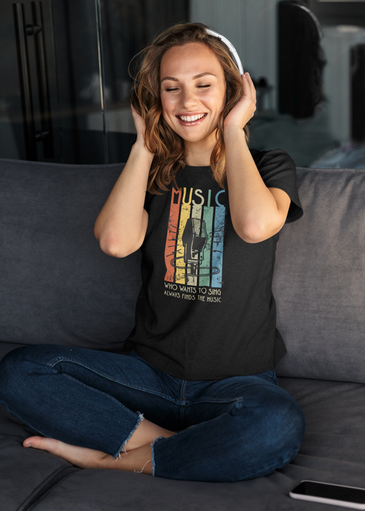 Retro Music Stripes with Microphone - Round Neck Half Sleeve T-Shirt - Women