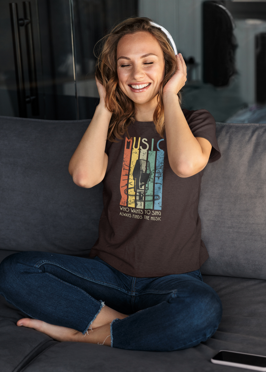Retro Music Stripes with Microphone - Round Neck Half Sleeve T-Shirt - Women