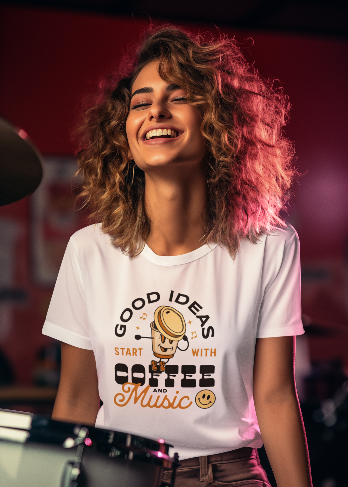 Good Coffee & Music - Round Neck Half Sleeve T-Shirt - Women