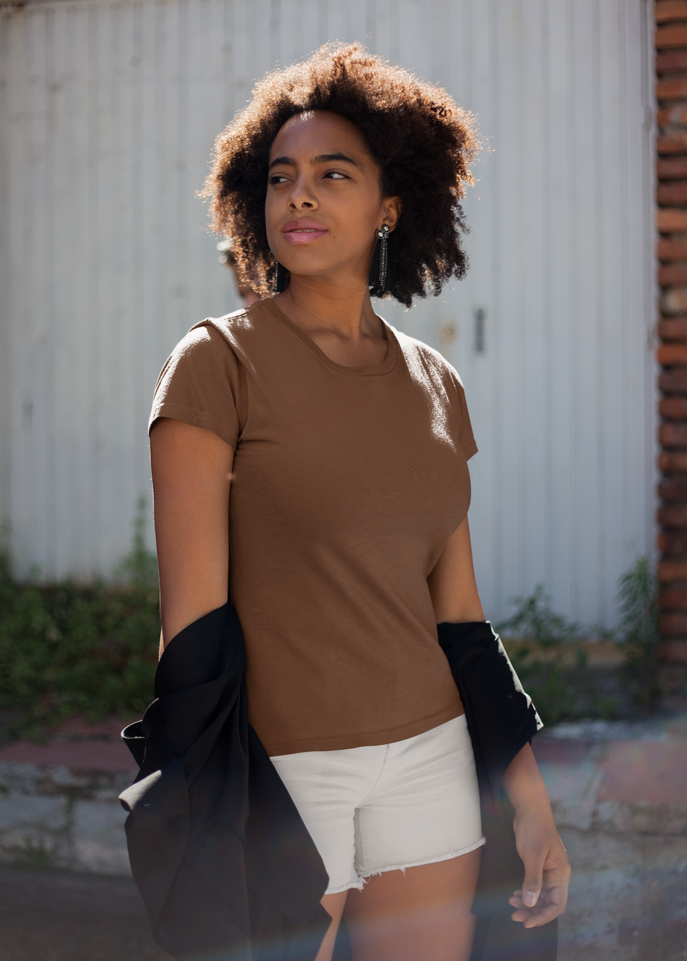 Round Neck Half Sleeve Plain T-Shirt - Brown - Women