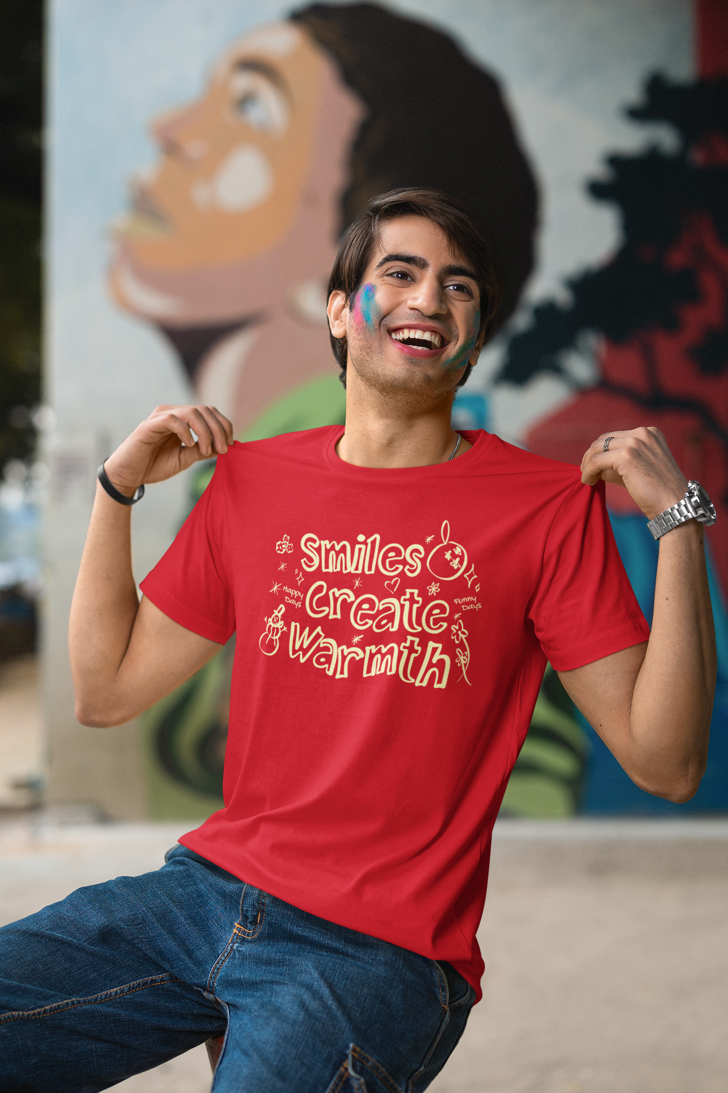 Smiles Create Warmth - Doodle - Round Neck Half Sleeve T-Shirt - Men