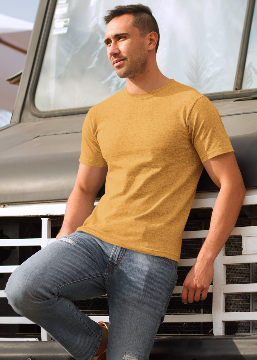 Round Neck Half Sleeve Plain T-Shirt - Golden Yellow - Men