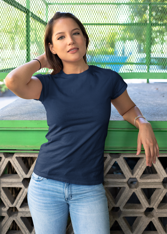 Round Neck Half Sleeve Plain T-Shirt - Dark Blue - Women