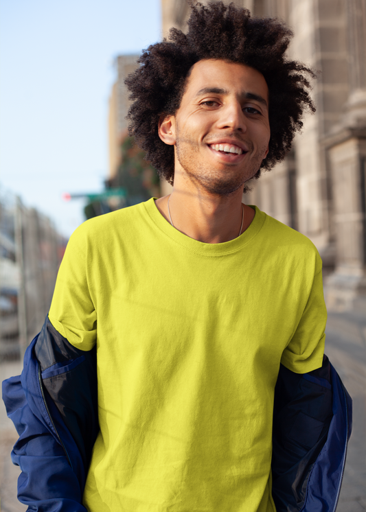 Round Neck Half Sleeve Plain T-Shirt - New Yellow - Men