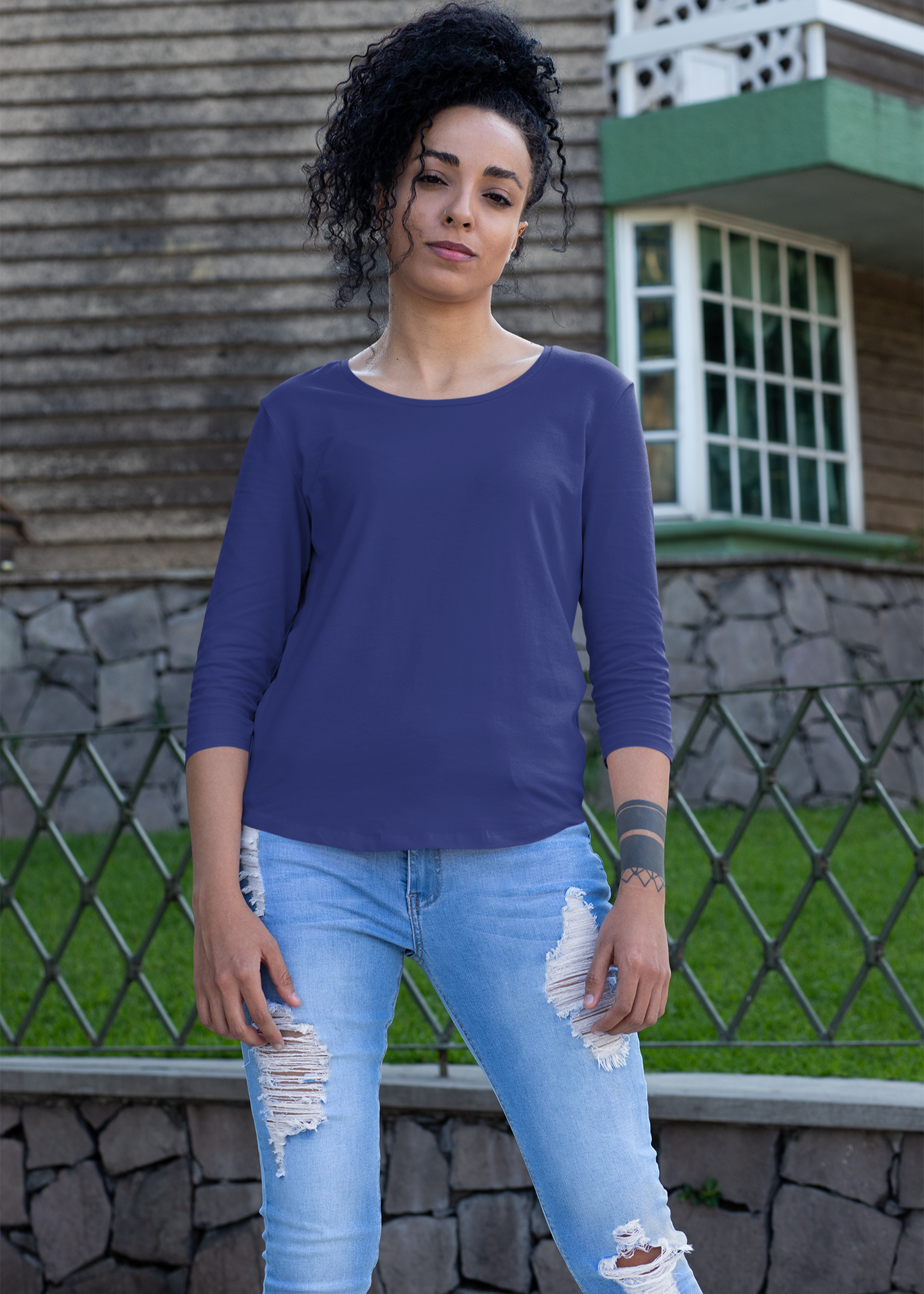 Round Neck 3/4 Sleeve T-Shirt - Royal Blue - Women