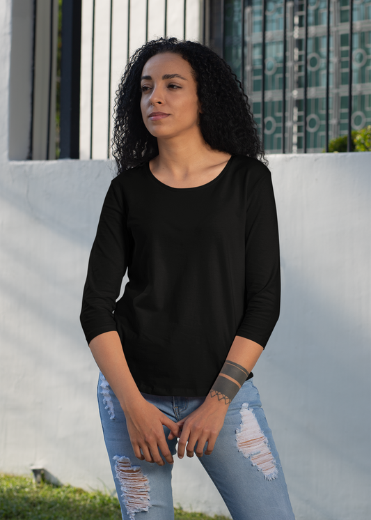 Round Neck 3/4 Sleeve Plain T-Shirt - Black - Women