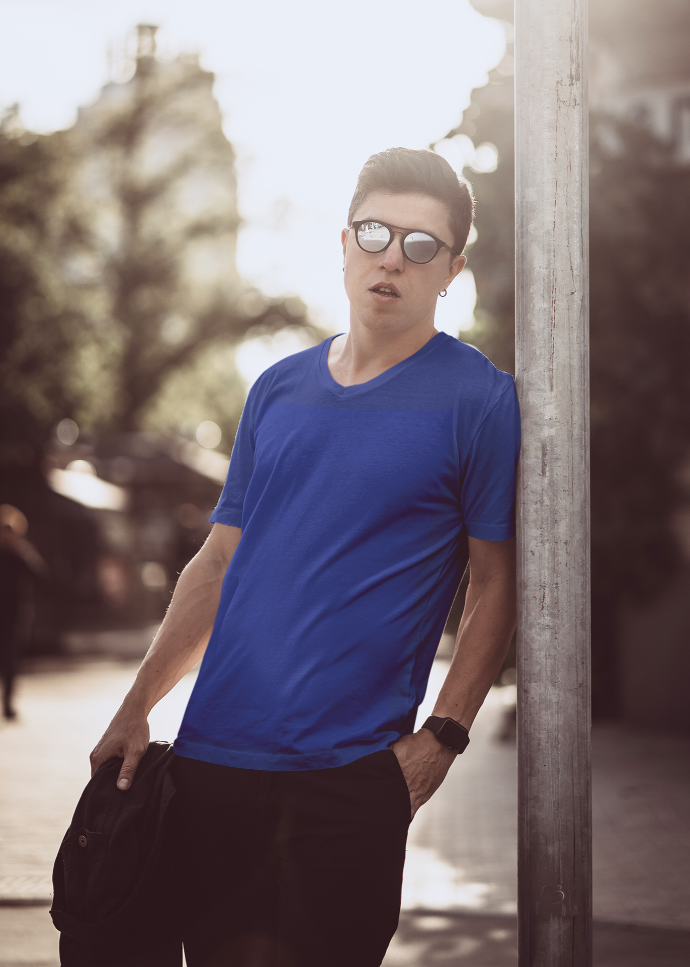 V Neck Half Sleeve Plain T-Shirt - Royal Blue - Men