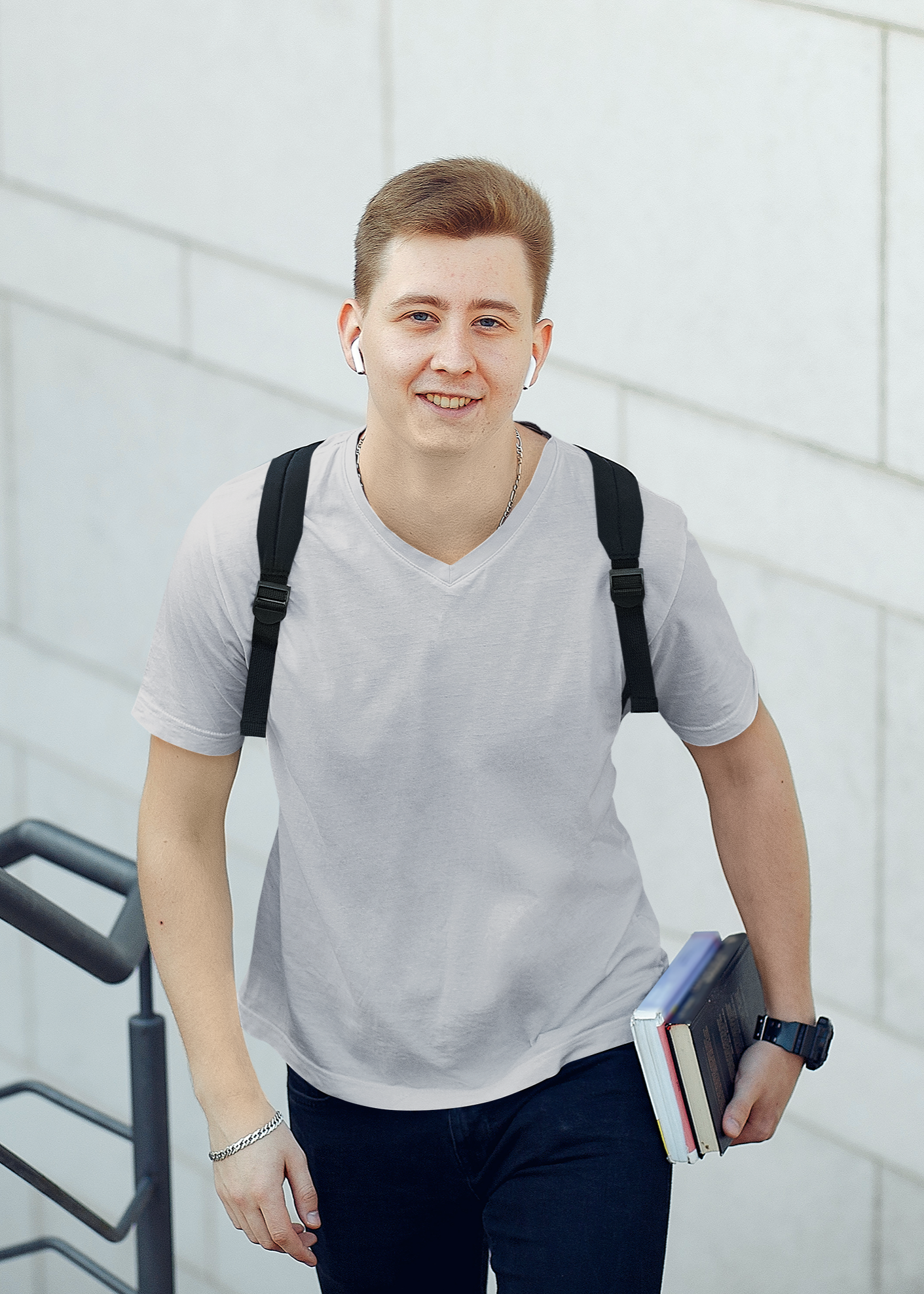 V Neck Half Sleeve Plain T-Shirt - Gray Melange - Men