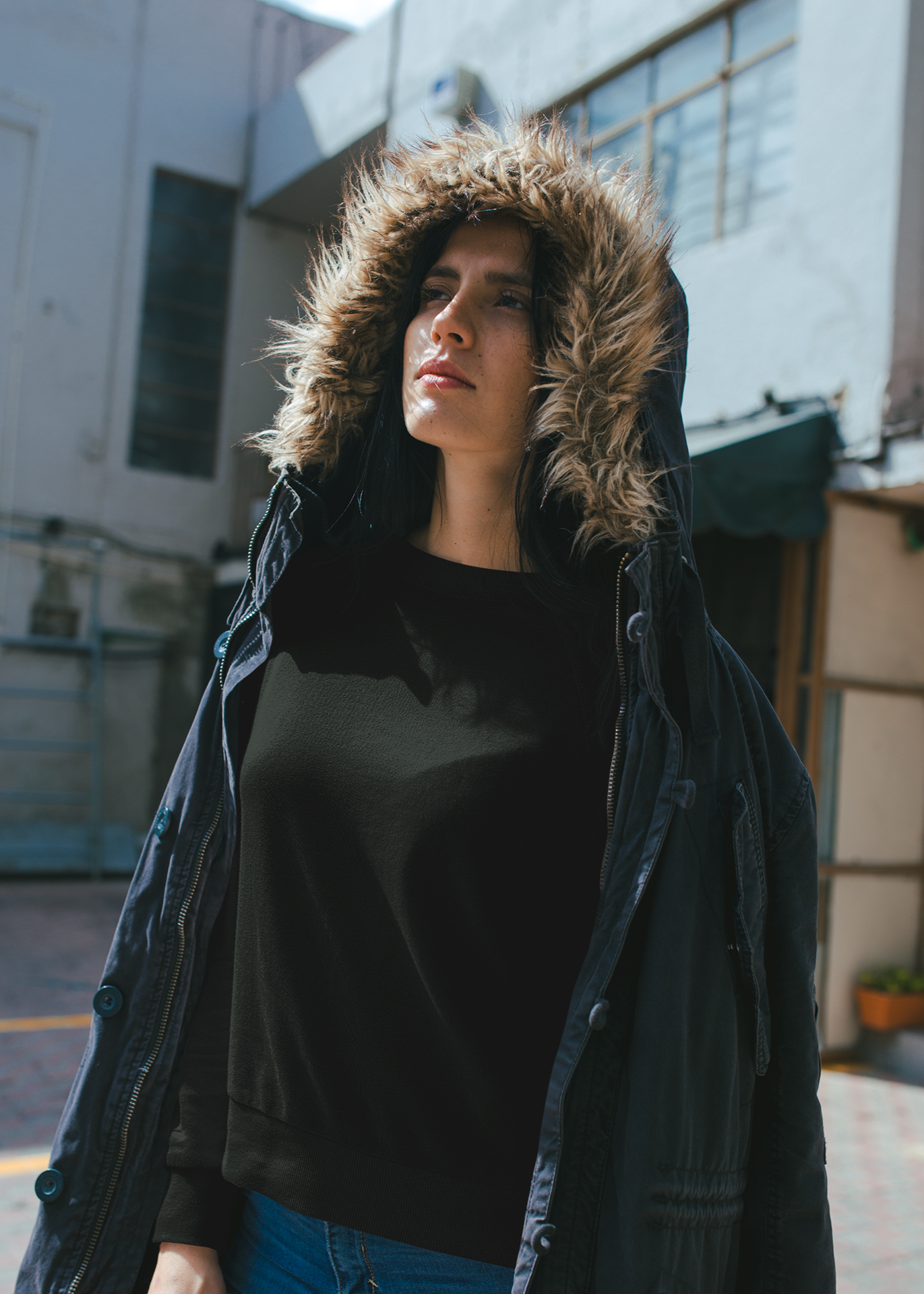 Round Neck Sweatshirt Plain - Black - Women