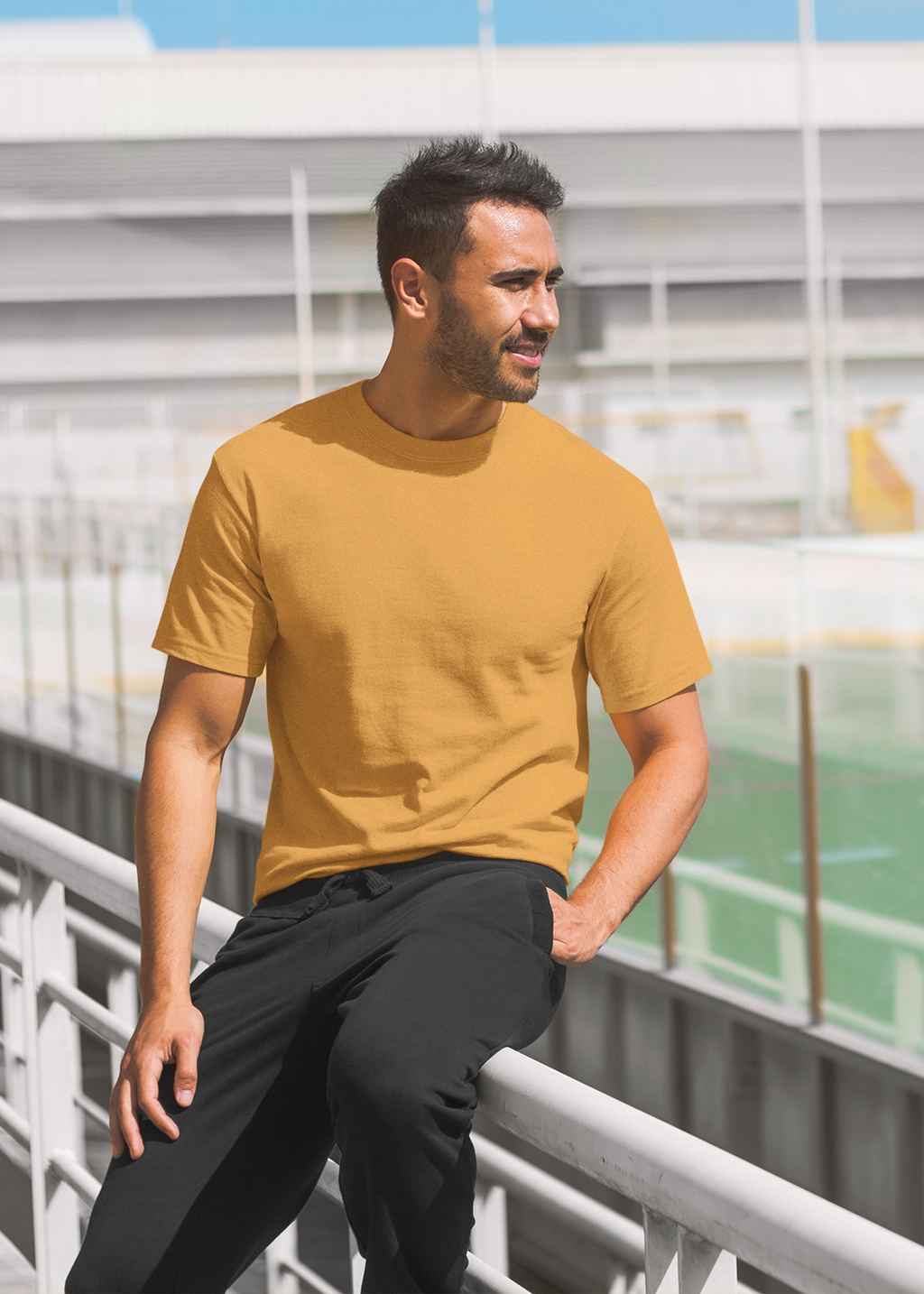 Round Neck Half Sleeve Plain T-Shirt - Golden Yellow - Men