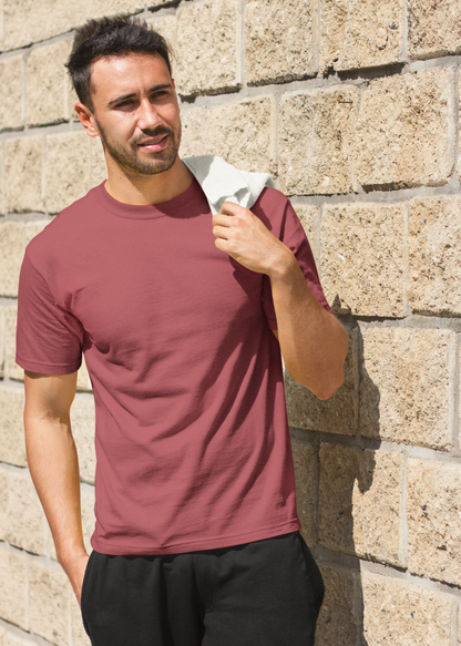 Round Neck Half Sleeve Plain T-Shirt - Maroon - Men